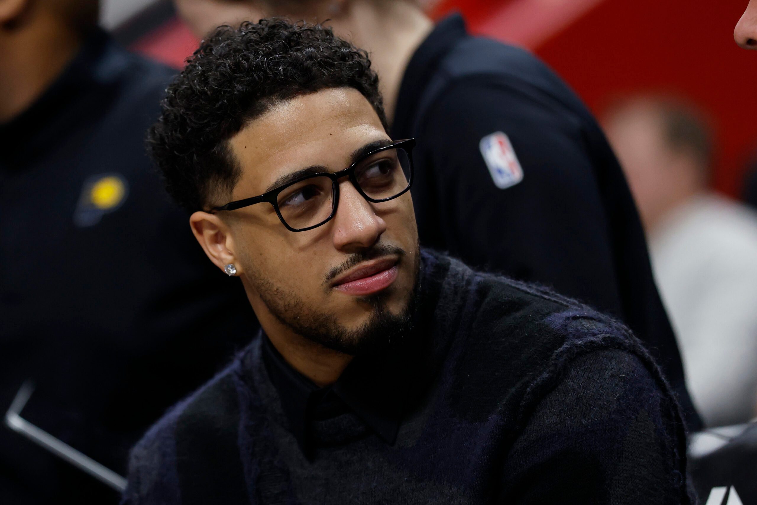 Jan 17, 2026; Detroit, Michigan, USA;  Indiana Pacers guard Tyrese Haliburton (0) looks on in the second half against the Detroit Pistons at Little Caesars Arena. Mandatory Credit: Rick Osentoski-Imagn Images