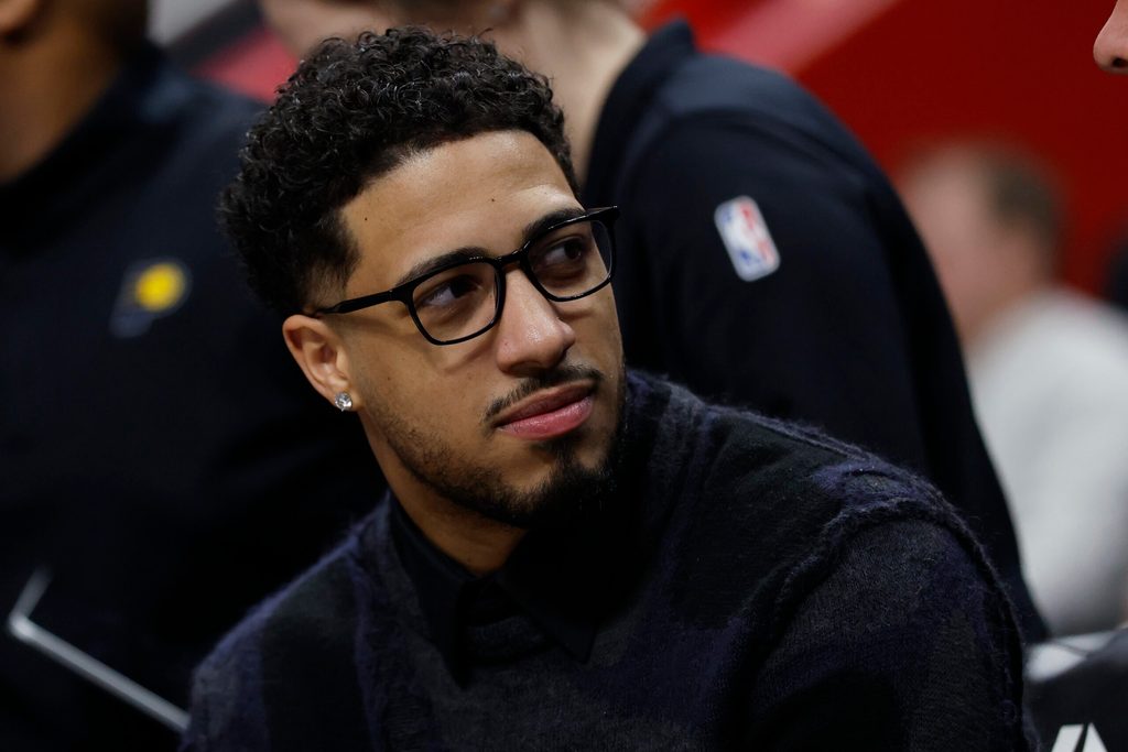 Jan 17, 2026; Detroit, Michigan, USA; Indiana Pacers guard Tyrese Haliburton (0) looks on in the second half against the Detroit Pistons at Little Caesars Arena. Mandatory Credit: Rick Osentoski-Imagn Images
