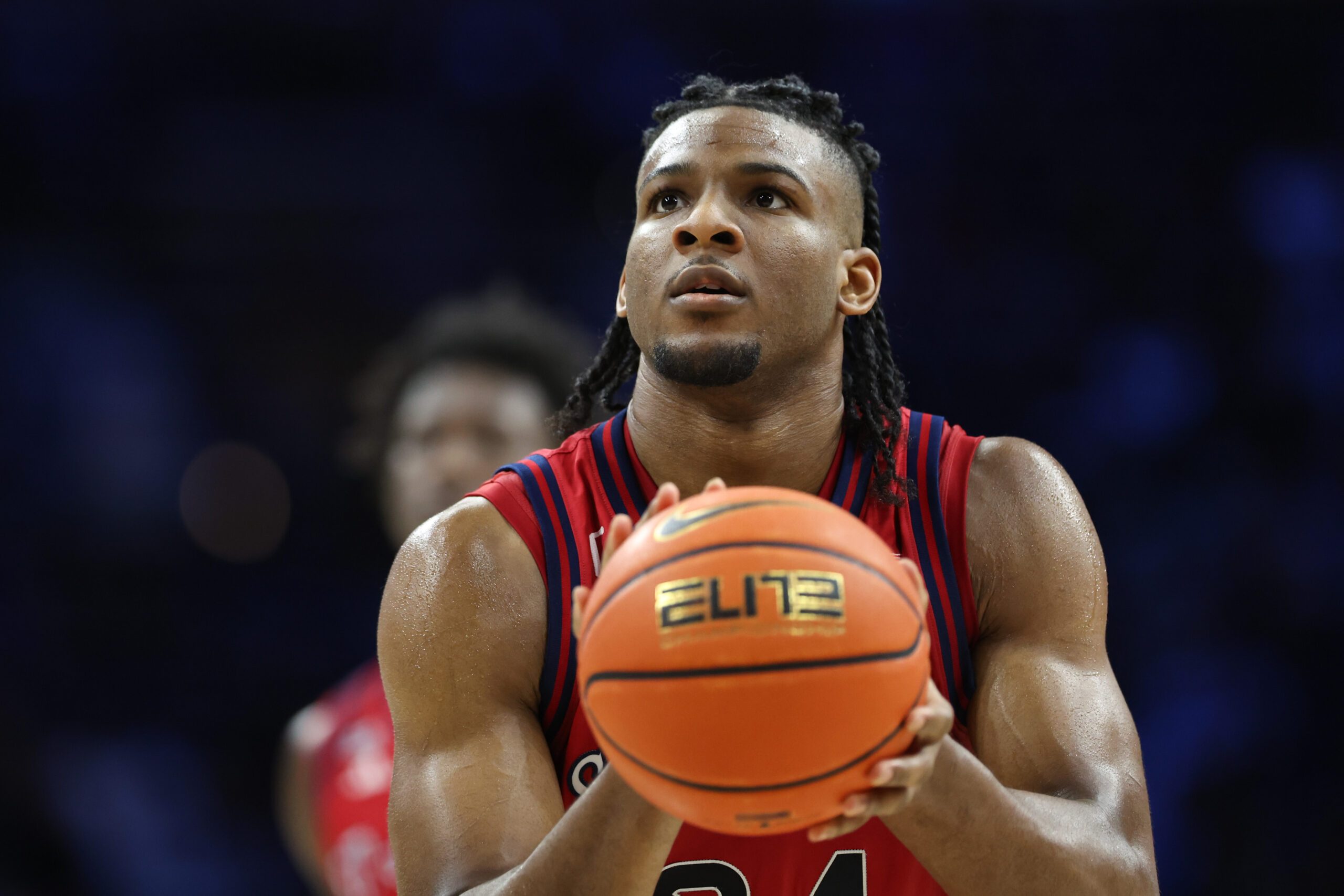 Jan 17, 2026; Philadelphia, Pennsylvania, USA; St. John's Red Storm forward Zuby Ejiofor (24) shoots against the Villanova Wildcats during the second half at Xfinity Mobile Arena. Mandatory Credit: Bill Streicher-Imagn Images