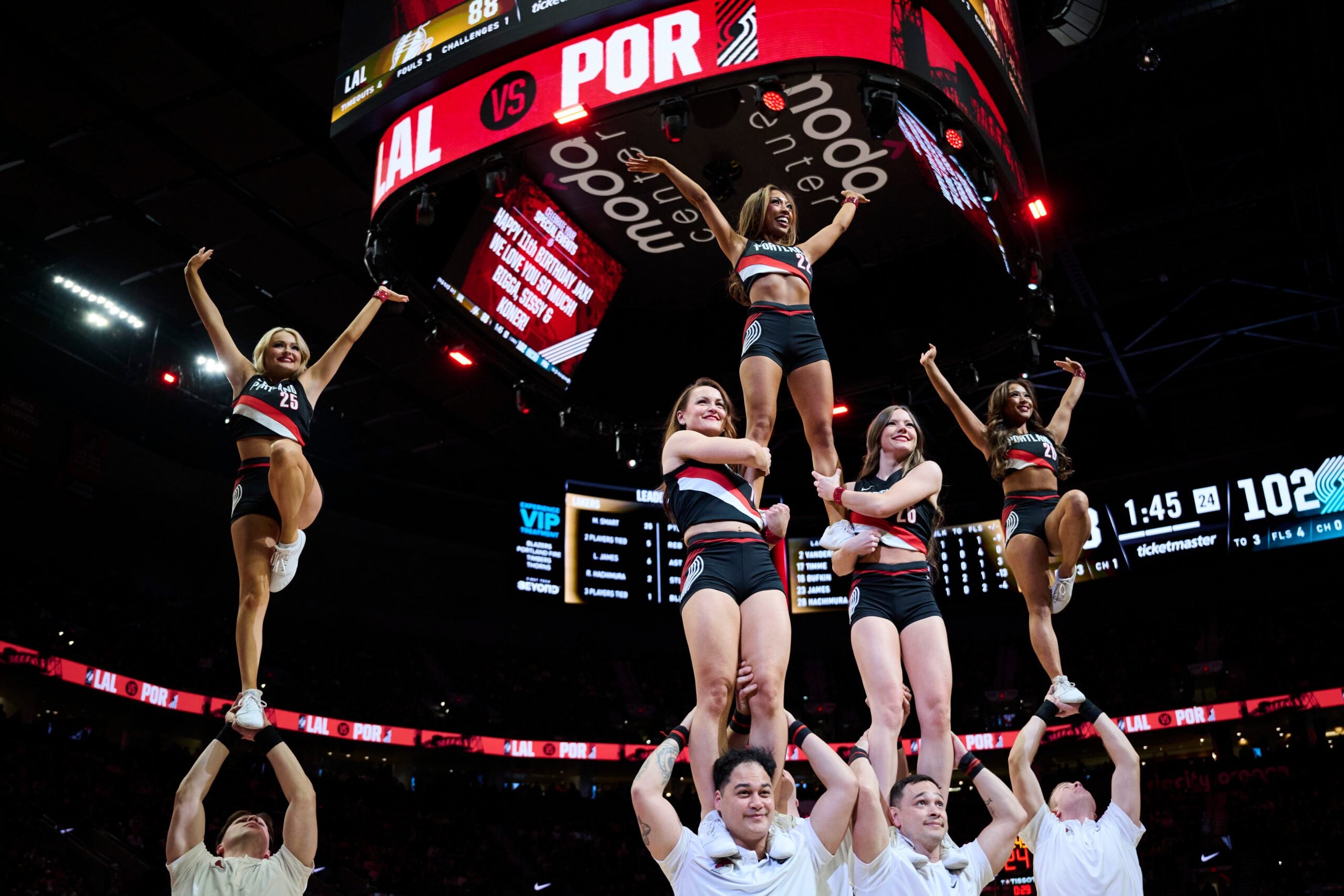 Jan 17, 2026; Portland, Oregon, USA; The Blazer cheer squad performs during a break in the second half in a game between the Portland Trail Blazers and the Los Angeles Lakers at Moda Center. Mandatory Credit: Troy Wayrynen-Imagn Images