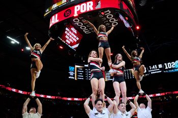 Jan 17, 2026; Portland, Oregon, USA; The Blazer cheer squad performs during a break in the second half in a game between the Portland Trail Blazers and the Los Angeles Lakers at Moda Center. Mandatory Credit: Troy Wayrynen-Imagn Images