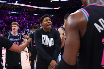 Jan 17, 2026; Miami, Florida, USA; Miami Heat forward Myron Gardner (15) celebrates with center Bam Adebayo (13) after the game against the Oklahoma City Thunder at Kaseya Center. Mandatory Credit: Sam Navarro-Imagn Images