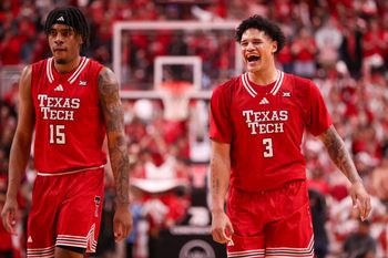 Texas Tech players JT Toppin and LeJuan Watts look on after a play against BYU during a Big 12 Conference men's basketball game, Saturday, Jan. 17, 2026, in United Supermarkets Arena.