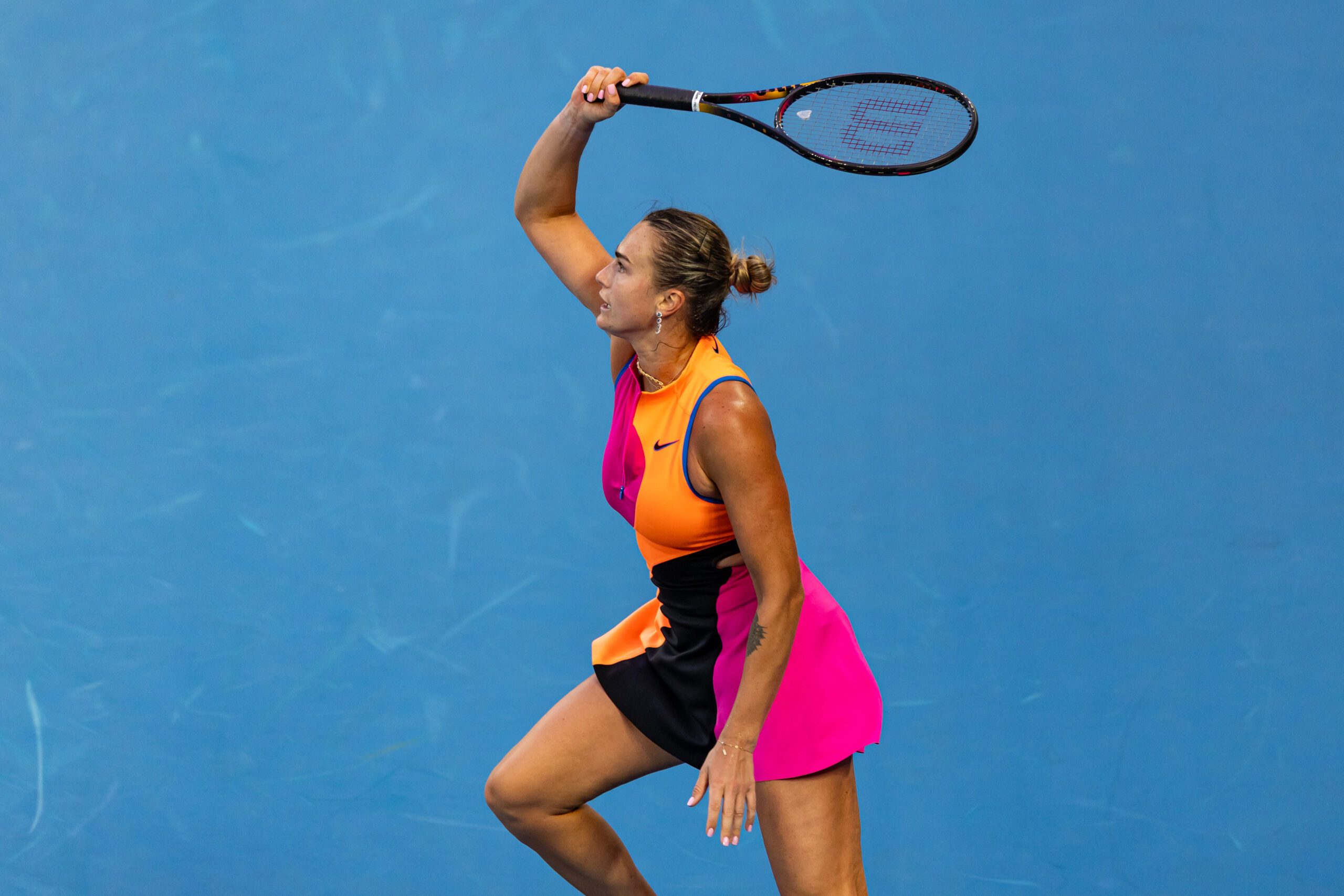 Jan 18, 2026; Melbourne, Victoria, Australia; Aryna Sabalenka in action against Tiantsoa Rakotomanga Rajaonah of France in the first round of the women’s singles at the Australian Open at Rod Laver Arena in Melbourne Park. Mandatory Credit: Mike Frey-Imagn Images