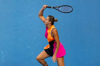 Jan 18, 2026; Melbourne, Victoria, Australia; Aryna Sabalenka in action against Tiantsoa Rakotomanga Rajaonah of France in the first round of the women’s singles at the Australian Open at Rod Laver Arena in Melbourne Park. Mandatory Credit: Mike Frey-Imagn Images