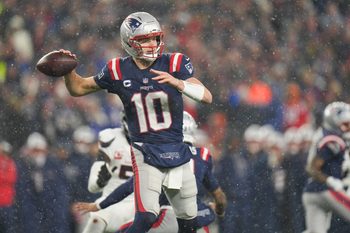 Jan 18, 2026; Foxborough, MA, USA; New England Patriots quarterback Drake Maye (10) throws in the third quarter against the Houston Texans in an AFC Divisional Round game at Gillette Stadium. Mandatory Credit: David Butler II-Imagn Images