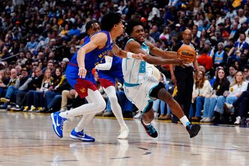 Jan 18, 2026; Denver, Colorado, USA; Denver Nuggets guard Julian Strawther (3) defends Charlotte Hornets guard Collin Sexton (8) in the second quarter at Ball Arena. Mandatory Credit: Ron Chenoy-Imagn Images