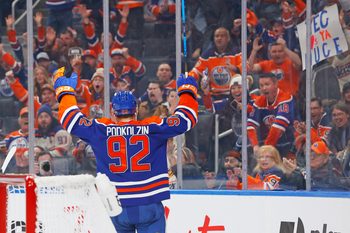 Jan 18, 2026; Edmonton, Alberta, CAN;  Edmonton Oilers forward Vasily Podkolzin (92) celebrates after scoring during the third period against the St. Louis Blues atRogers Place. Mandatory Credit: Perry Nelson-Imagn Images