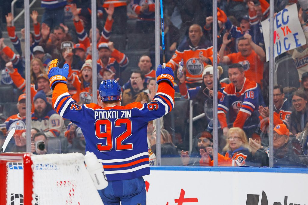 Jan 18, 2026; Edmonton, Alberta, CAN; Edmonton Oilers forward Vasily Podkolzin (92) celebrates after scoring during the third period against the St. Louis Blues atRogers Place. Mandatory Credit: Perry Nelson-Imagn Images