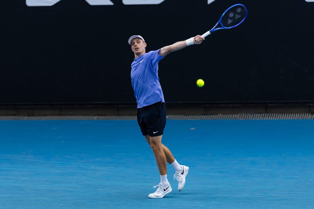 Jan 19, 2026; Melbourne, Victoria, Australia; Denis Shapovalov of Canada in action against Yunchaokete Bu of China in the first round of the men’s singles at the Australian Open at ANZ Arena in Melbourne Park. Mandatory Credit: Mike Frey-Imagn Images