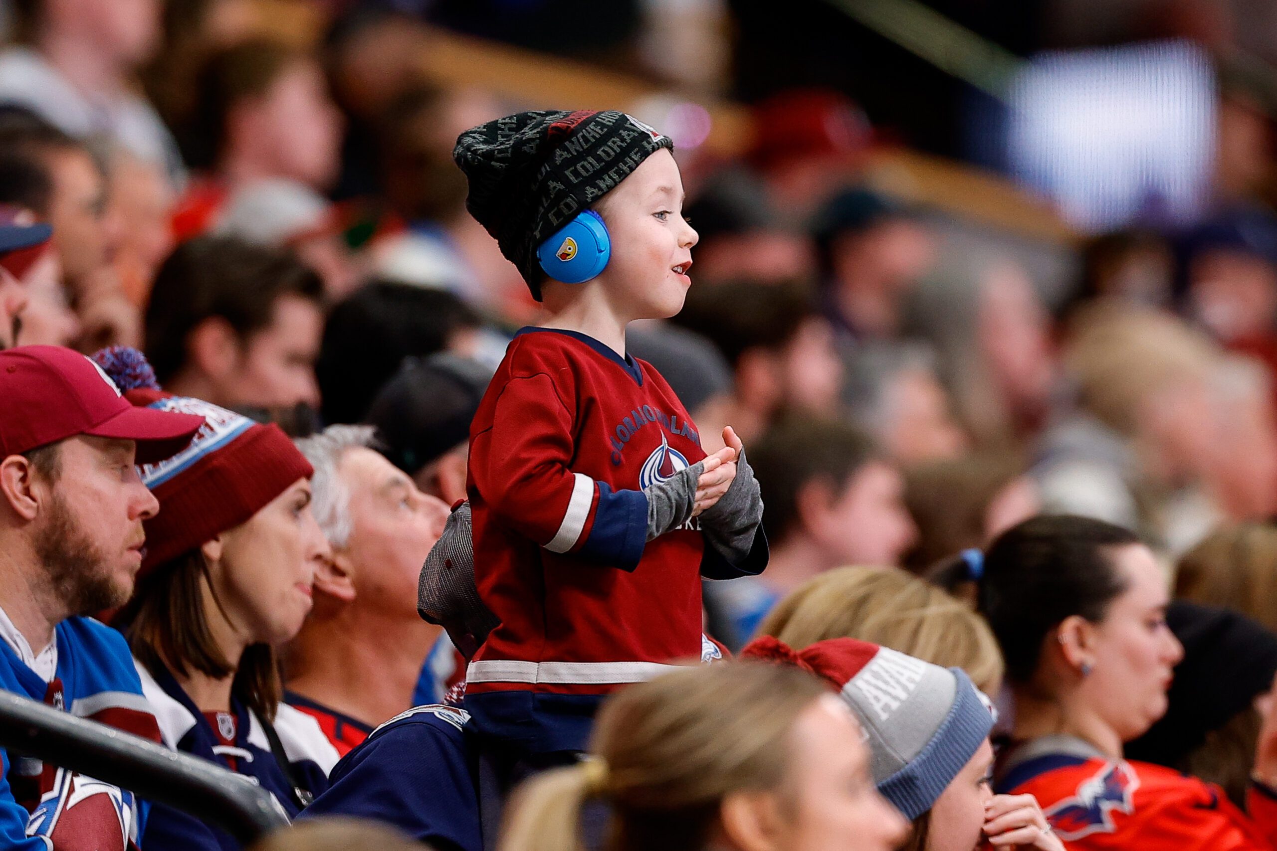 Jan 19, 2026; Denver, Colorado, USA; A Colorado Avalanche fan looks on in the third period against the Washington Capitals at Ball Arena. Mandatory Credit: Isaiah J. Downing-Imagn Images