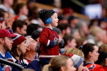 Jan 19, 2026; Denver, Colorado, USA; A Colorado Avalanche fan looks on in the third period against the Washington Capitals at Ball Arena. Mandatory Credit: Isaiah J. Downing-Imagn Images