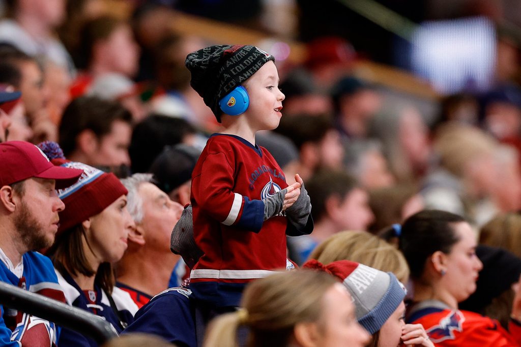 Jan 19, 2026; Denver, Colorado, USA; A Colorado Avalanche fan looks on in the third period against the Washington Capitals at Ball Arena. Mandatory Credit: Isaiah J. Downing-Imagn Images