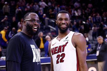 Jan 19, 2026; San Francisco, California, USA; Golden State Warriors forward Draymond Green (23) smiles with Miami Heat forward Andrew Wiggins (22) after the game at Chase Center. Mandatory Credit: Kelley L Cox-Imagn Images