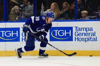 Jan 20, 2026; Tampa, Florida, USA; Tampa Bay Lightning right wing Pontus Holmberg (29) skates with the puck against the San Jose Sharks during the third period at Benchmark International Arena. Mandatory Credit: Kim Klement Neitzel-Imagn Images