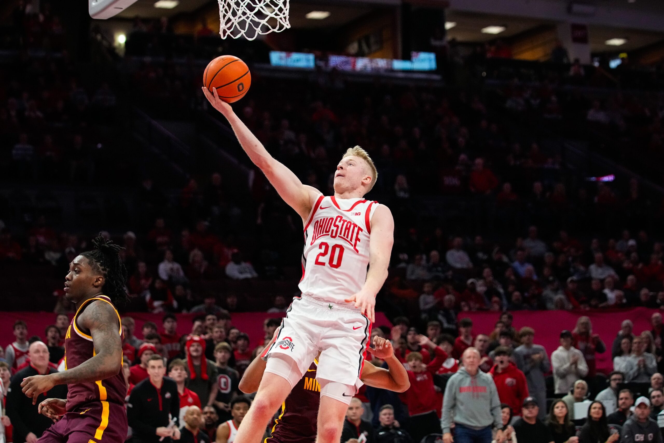 Ohio State Buckeyes forward Colin White (20) shoots a layup in overtime in the NCAA basketball game at Value City Arena on Tuesday, Jan. 20, 2026 in Columbus, Ohio.