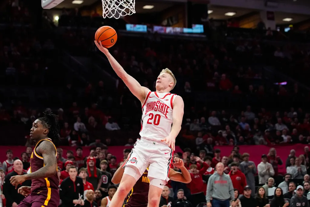 Ohio State Buckeyes forward Colin White (20) shoots a layup in overtime in the NCAA basketball game at Value City Arena on Tuesday, Jan. 20, 2026 in Columbus, Ohio.