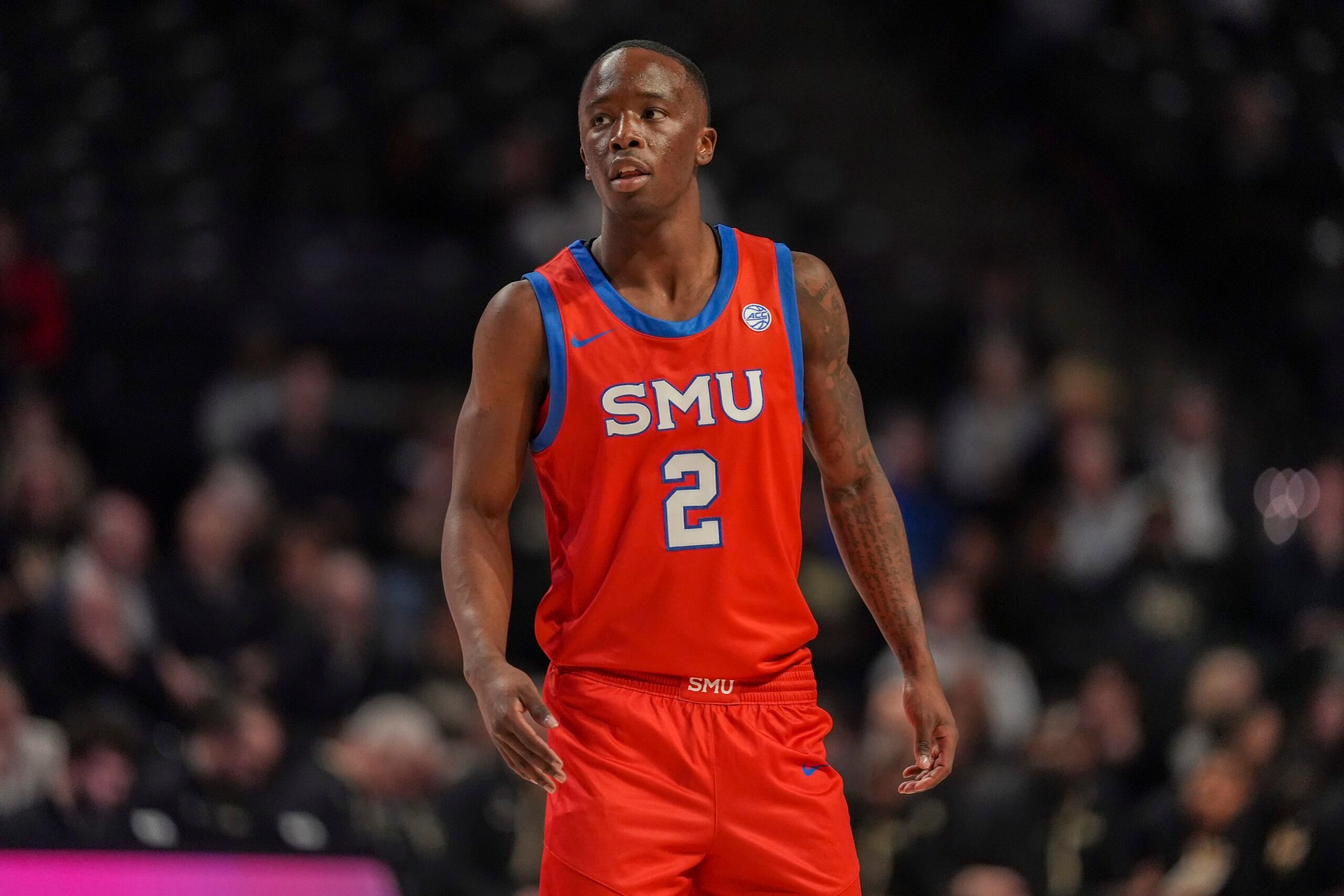 Jan 20, 2026; Winston-Salem, North Carolina, USA; Southern Methodist University Mustangs guard Boopie Miller (2) watches a free throw attempt  during the first half against the Wake Forest Demon Deacons at Lawrence Joel Veterans Memorial Coliseum. Mandatory Credit: Jim Dedmon-Imagn Images