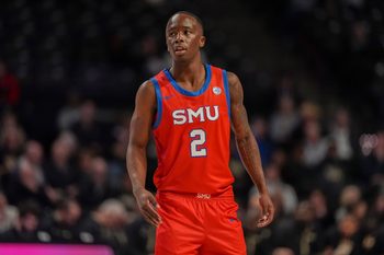 Jan 20, 2026; Winston-Salem, North Carolina, USA; Southern Methodist University Mustangs guard Boopie Miller (2) watches a free throw attempt  during the first half against the Wake Forest Demon Deacons at Lawrence Joel Veterans Memorial Coliseum. Mandatory Credit: Jim Dedmon-Imagn Images