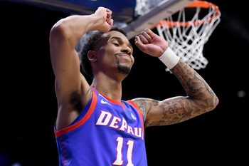 Jan 20, 2026; Indianapolis, Indiana, USA; DePaul Blue Demons guard CJ Gunn (11) reacts after a play against the Butler Bulldogs during the second half at Hinkle Fieldhouse. Mandatory Credit: Robert Goddin-Imagn Images