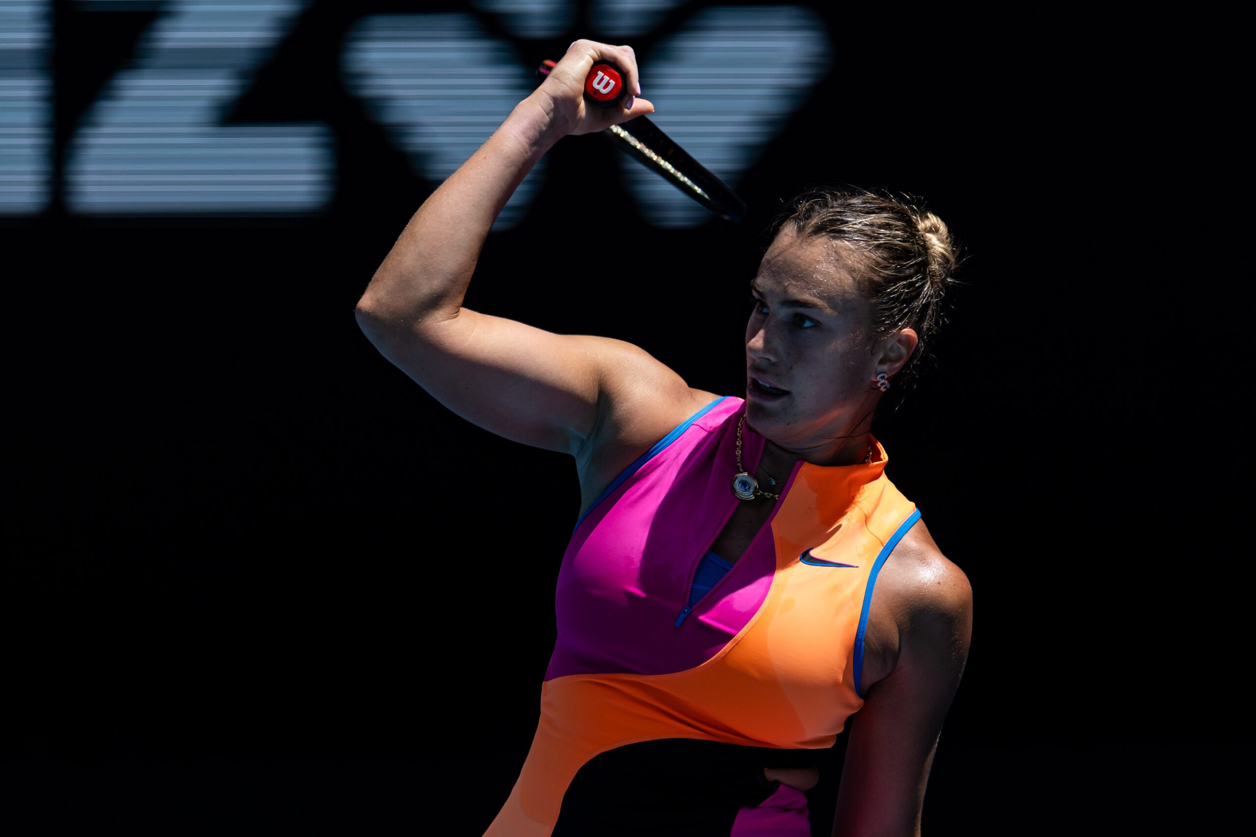 Jan 21, 2026; Melbourne, Victoria, Australia; Aryna Sabalenka in action against Zhuoxuan Bai of China in the second round of the women’s singles at the Australian Open at Rod Laver Arena in Melbourne Park. Mandatory Credit: Mike Frey-Imagn Images