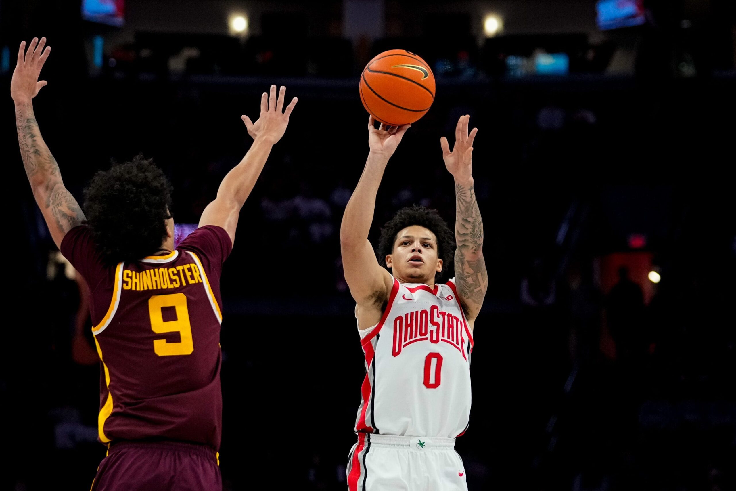 Ohio State Buckeyes guard John Mobley Jr. (0) shoots the ball in the first half of the NCAA basketball game at Value City Arena on Tuesday, Jan. 20, 2026 in Columbus, Ohio.