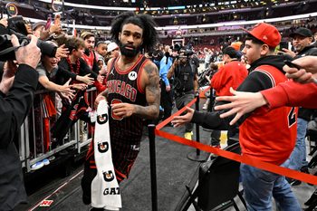Jan 20, 2026; Chicago, Illinois, USA; Chicago Bulls guard Coby White (0) leaves the court after the game against the LA Clippers  at United Center. Mandatory Credit: Matt Marton-Imagn Images