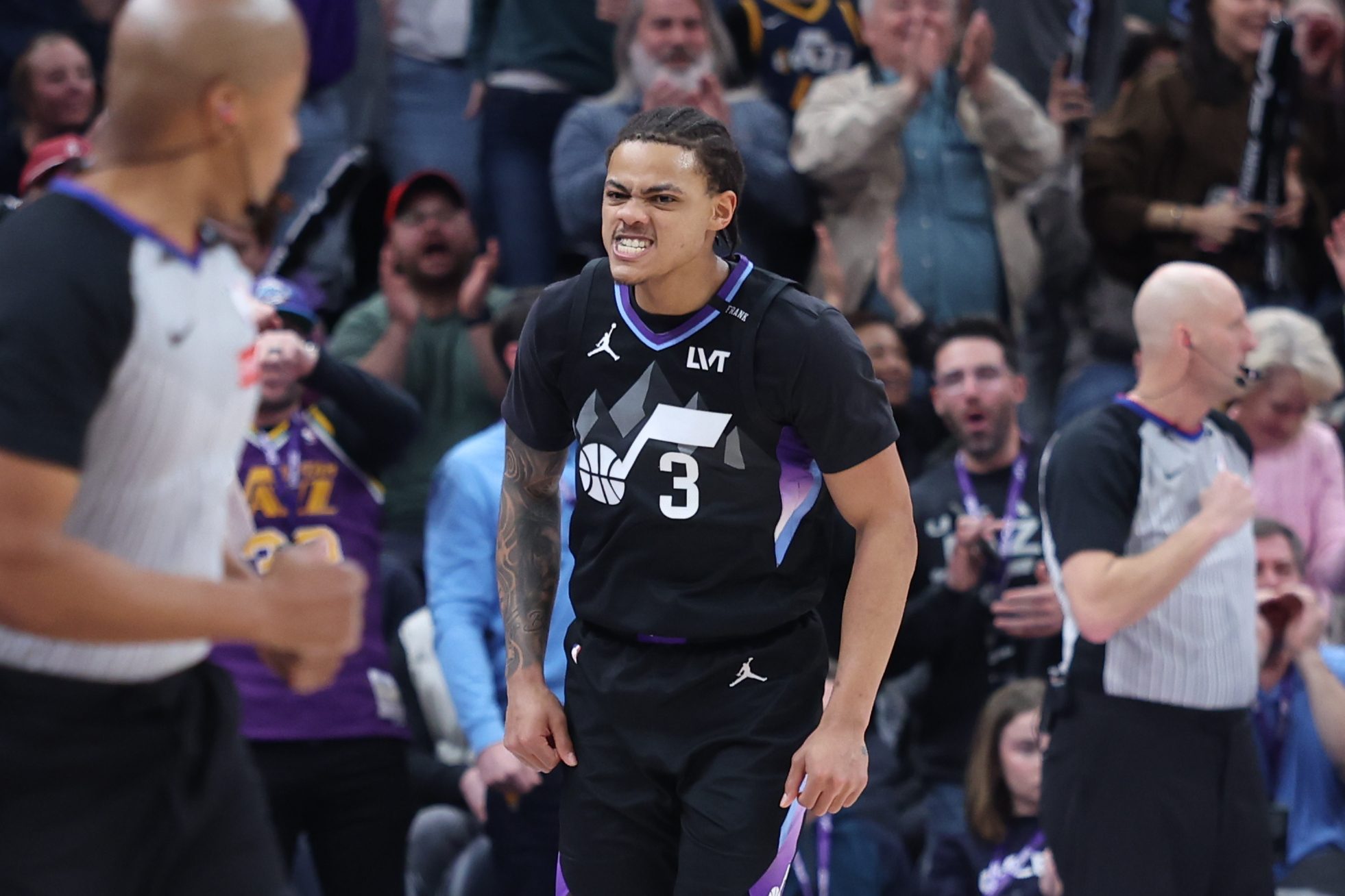 Jan 20, 2026; Salt Lake City, Utah, USA; Utah Jazz guard Keyonte George (3) reacts after making a three point basket against the Minnesota Timberwolves during the second half at Delta Center. Mandatory Credit: Rob Gray-Imagn Images