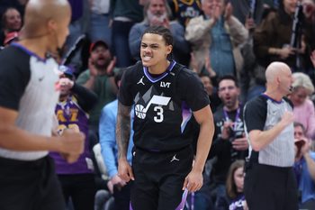 Jan 20, 2026; Salt Lake City, Utah, USA; Utah Jazz guard Keyonte George (3) reacts after making a three point basket against the Minnesota Timberwolves during the second half at Delta Center. Mandatory Credit: Rob Gray-Imagn Images