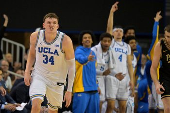 Jan 20, 2026; Los Angeles, California, USA; UCLA Bruins forward Tyler Bilodeau (34) reacts after a 3-point basket in the second half against the Purdue Boilermakers at Pauley Pavilion presented by Wescom Financial. Mandatory Credit: Jayne Kamin-Oncea-Imagn Images