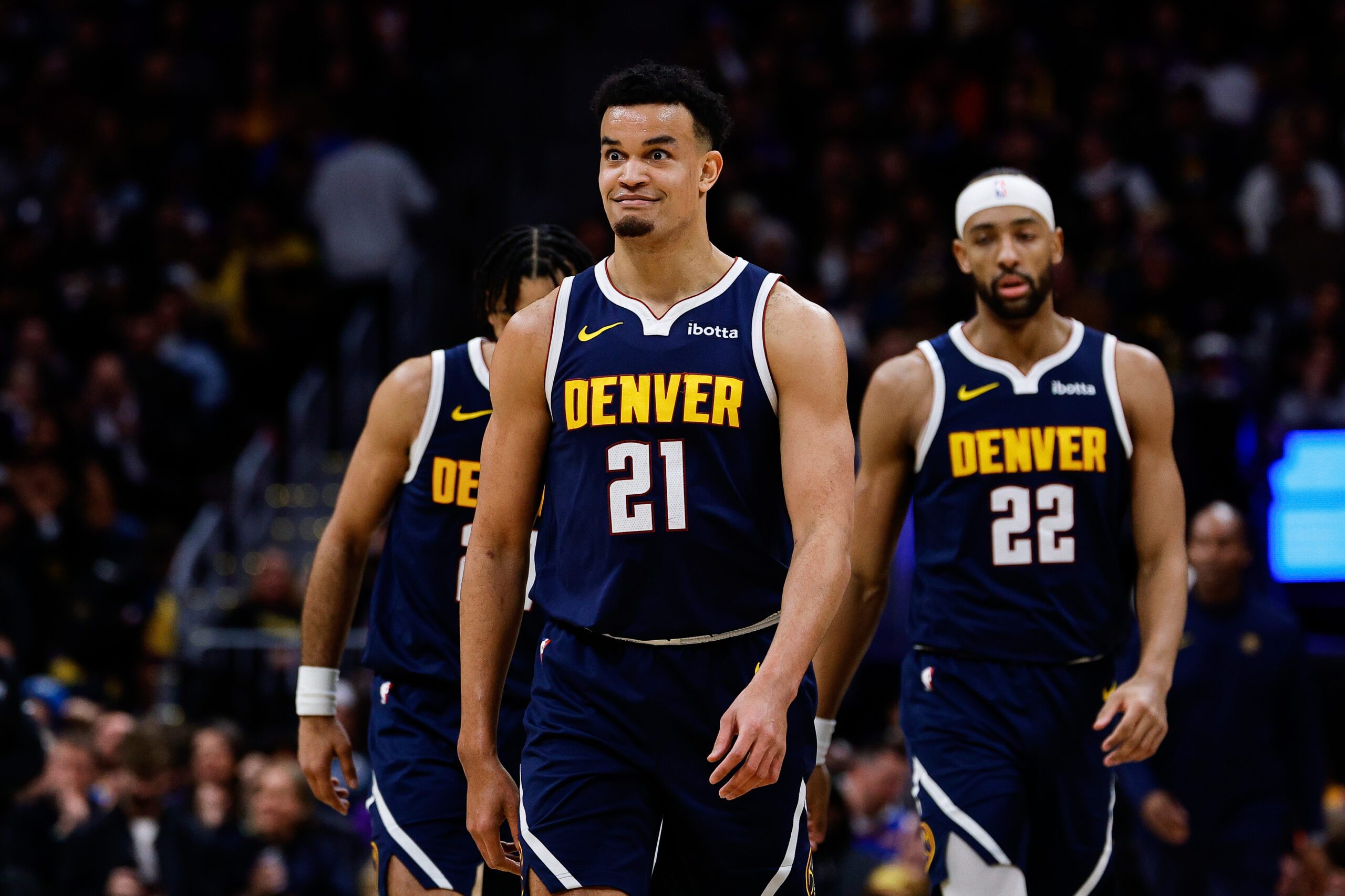 Jan 20, 2026; Denver, Colorado, USA; Denver Nuggets forward Spencer Jones (21) reacts after a play in the third quarter against the Los Angeles Lakers at Ball Arena. Mandatory Credit: Isaiah J. Downing-Imagn Images