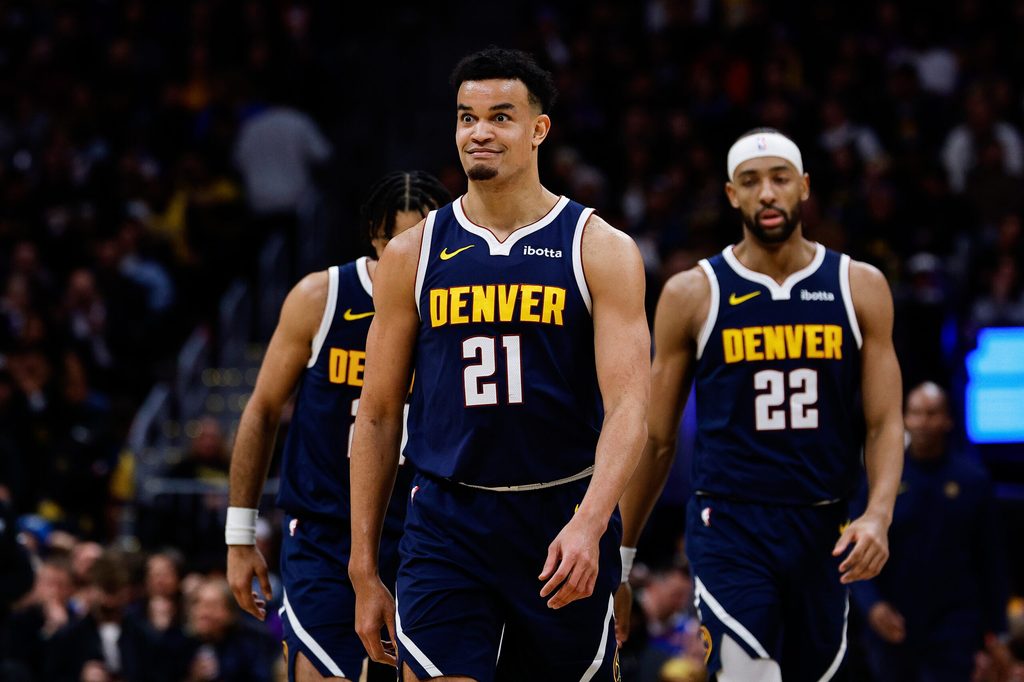 Jan 20, 2026; Denver, Colorado, USA; Denver Nuggets forward Spencer Jones (21) reacts after a play in the third quarter against the Los Angeles Lakers at Ball Arena. Mandatory Credit: Isaiah J. Downing-Imagn Images