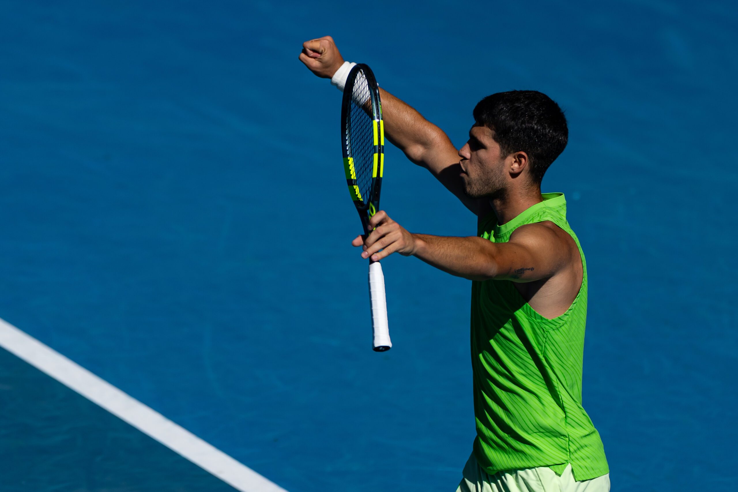 Jan 21, 2026; Melbourne, Victoria, Australia; Carlos Alcaraz of Spain celebrates his victory over Yannick Hanfmann of Germany in the second round of the menís singles at the Australian Open at Rod Laver Arena in Melbourne Park. Mandatory Credit: Mike Frey-Imagn Images