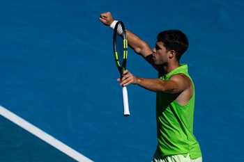 Jan 21, 2026; Melbourne, Victoria, Australia; Carlos Alcaraz of Spain celebrates his victory over Yannick Hanfmann of Germany in the second round of the menís singles at the Australian Open at Rod Laver Arena in Melbourne Park. Mandatory Credit: Mike Frey-Imagn Images