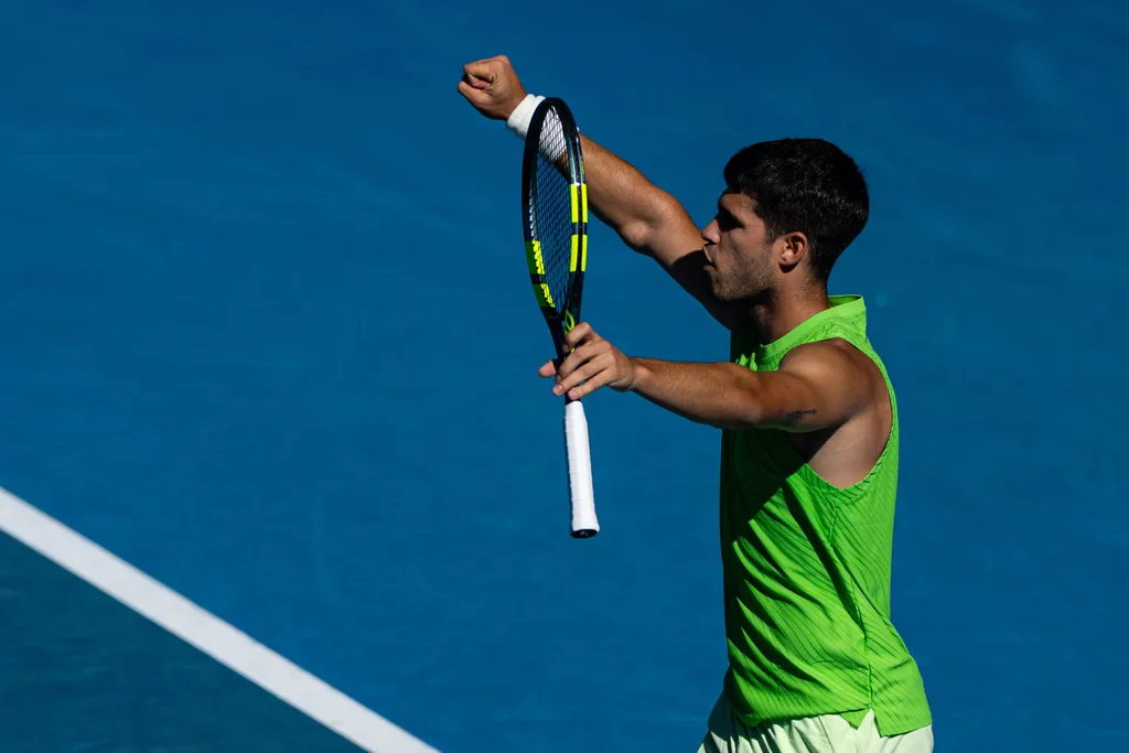 Jan 21, 2026; Melbourne, Victoria, Australia; Carlos Alcaraz of Spain celebrates his victory over Yannick Hanfmann of Germany in the second round of the menís singles at the Australian Open at Rod Laver Arena in Melbourne Park. Mandatory Credit: Mike Frey-Imagn Images