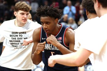Jan 17, 2026; Washington, District of Columbia, USA; UConn Huskies forward Tarris Reed Jr. (5) is introduced before a game against the Georgetown Hoyas at Capital One Arena. Mandatory Credit: Daniel Kucin Jr.-Imagn Images