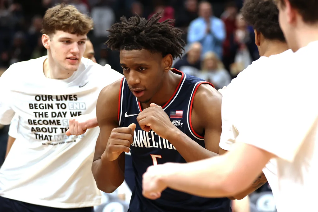 Jan 17, 2026; Washington, District of Columbia, USA; UConn Huskies forward Tarris Reed Jr. (5) is introduced before a game against the Georgetown Hoyas at Capital One Arena. Mandatory Credit: Daniel Kucin Jr.-Imagn Images