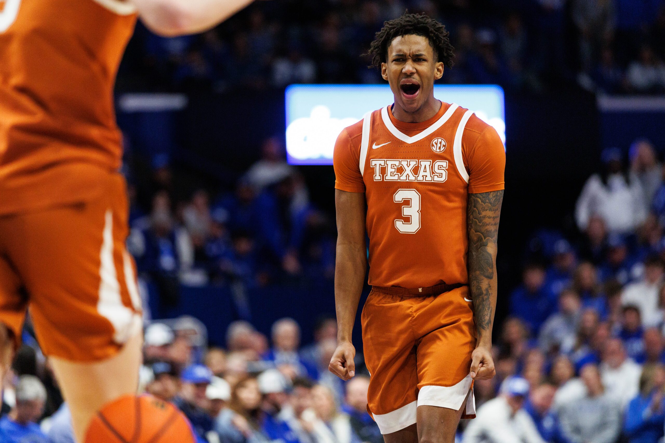 Jan 21, 2026; Lexington, Kentucky, USA; Texas Longhorns forward Dailyn Swain (3) celebrates after center Matas Vokietaitis (8) scores a basket during the first half against the Kentucky Wildcats at Rupp Arena at Central Bank Center. Mandatory Credit: Jordan Prather-Imagn Images