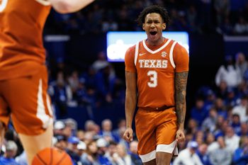 Jan 21, 2026; Lexington, Kentucky, USA; Texas Longhorns forward Dailyn Swain (3) celebrates after center Matas Vokietaitis (8) scores a basket during the first half against the Kentucky Wildcats at Rupp Arena at Central Bank Center. Mandatory Credit: Jordan Prather-Imagn Images