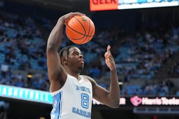 Jan 21, 2026; Chapel Hill, North Carolina, USA; North Carolina Tar Heels forward Caleb Wilson (8) with the ball in the second half at Dean E. Smith Center. Mandatory Credit: Bob Donnan-Imagn Images