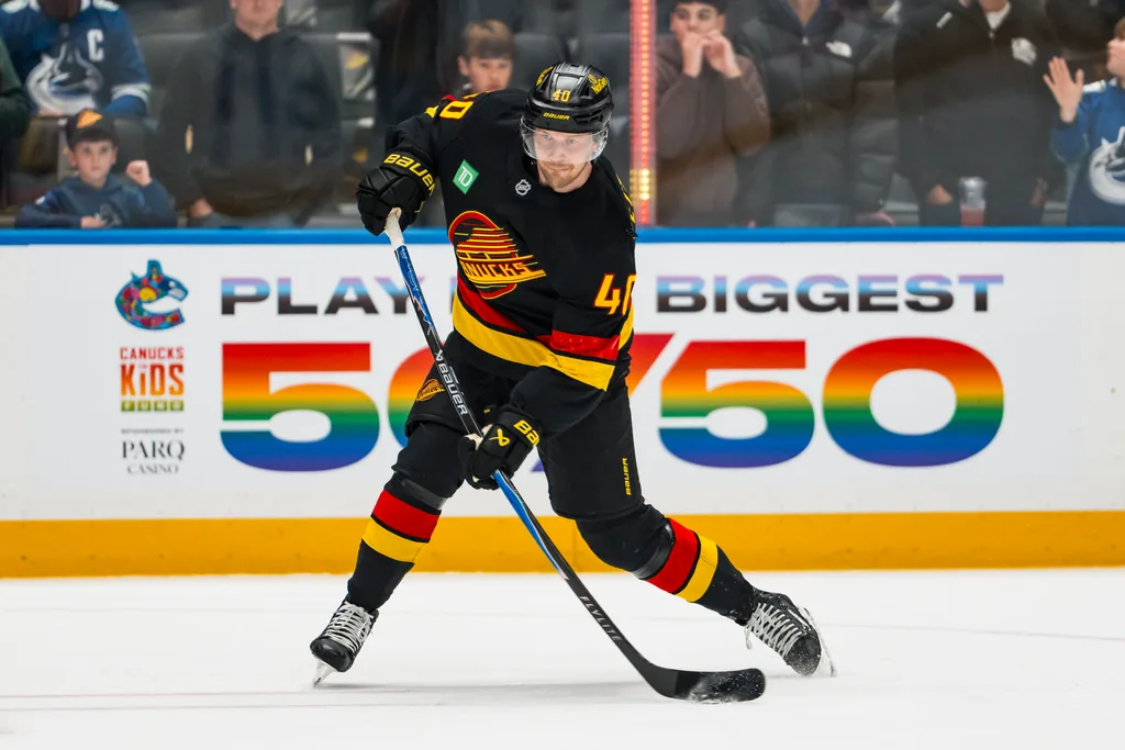 Jan 21, 2026; Vancouver, British Columbia, CAN; Vancouver Canucks forward Elias Pettersson (40) shoots in warm up prior to a game against the Washington Capitals at Rogers Arena. Mandatory Credit: Bob Frid-Imagn Images