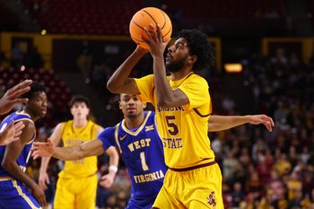 Jan 21, 2026; Tempe, Arizona, USA; Arizona State Sun Devils guard Maurice Odum (5) against the West Virginia Mountaineers in the second half at Desert Financial Arena. Mandatory Credit: Mark J. Rebilas-Imagn Images