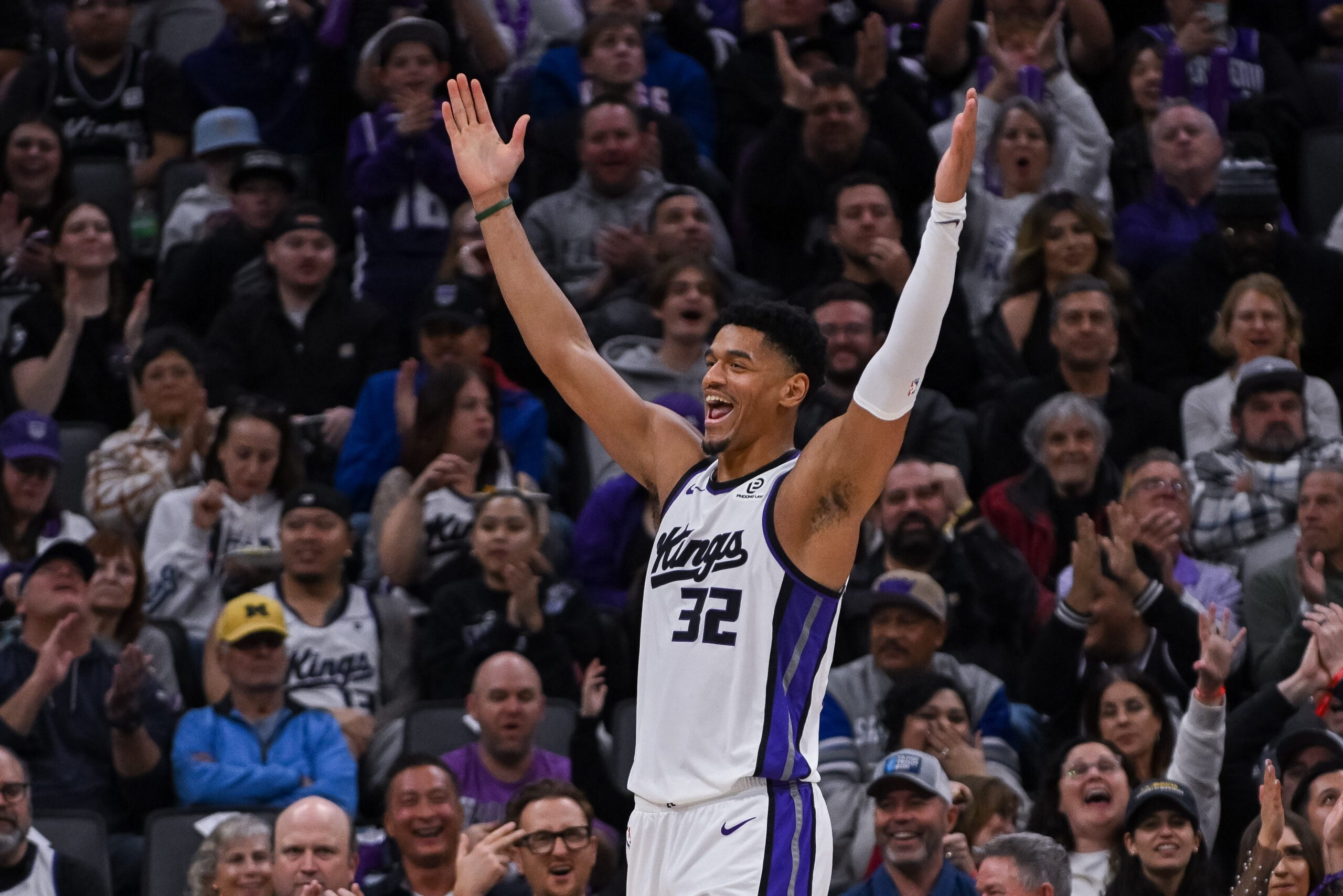 Jan 21, 2026; Sacramento, California, USA; Sacramento Kings center Dylan Cardwell (32) celebrates after drawing a foul against the Toronto Raptors during the third quarter at Golden 1 Center. Mandatory Credit: Ed Szczepanski-Imagn Images