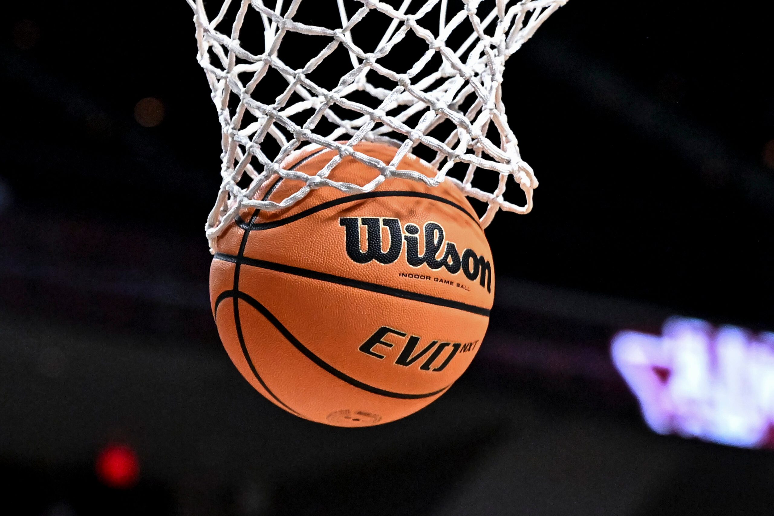 Jan 21, 2026; College Station, Texas, USA; A detailed view of a Wilson basketball prior to the game between the Texas A&M Aggies and the Mississippi State Bulldogs at Reed Arena. Mandatory Credit: Maria Lysaker-Imagn Images