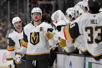 Jan 22, 2026; Boston, Massachusetts, USA; Vegas Golden Knights center Jack Eichel (9) celebrates after scoring a goal against the Boston Bruins during the third period at the TD Garden. Mandatory Credit: Brian Fluharty-Imagn Images