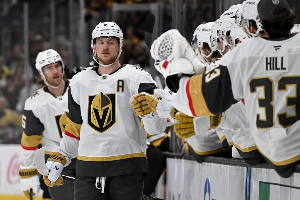 Jan 22, 2026; Boston, Massachusetts, USA; Vegas Golden Knights center Jack Eichel (9) celebrates after scoring a goal against the Boston Bruins during the third period at the TD Garden. Mandatory Credit: Brian Fluharty-Imagn Images
