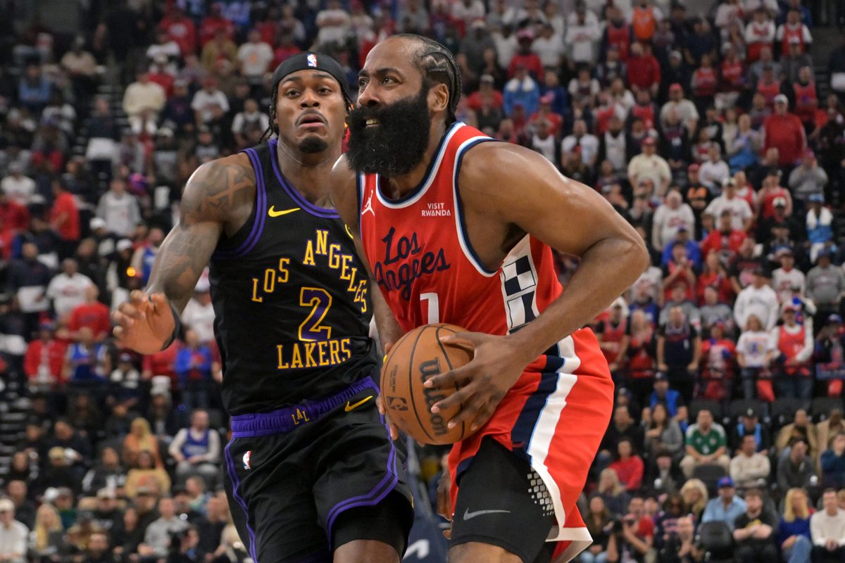 Jan 22, 2026; Inglewood, California, USA;  Los Angeles Clippers guard James Harden (1) drives past Los Angeles Lakers forward Jarred Vanderbilt (2) in the first half at Intuit Dome. Mandatory Credit: Jayne Kamin-Oncea-Imagn Images