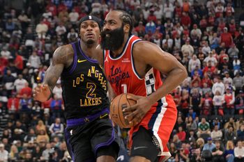 Jan 22, 2026; Inglewood, California, USA;  Los Angeles Clippers guard James Harden (1) drives past Los Angeles Lakers forward Jarred Vanderbilt (2) in the first half at Intuit Dome. Mandatory Credit: Jayne Kamin-Oncea-Imagn Images