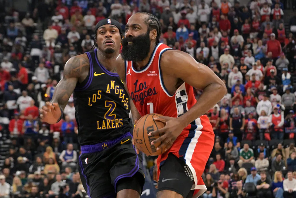 Jan 22, 2026; Inglewood, California, USA; Los Angeles Clippers guard James Harden (1) drives past Los Angeles Lakers forward Jarred Vanderbilt (2) in the first half at Intuit Dome. Mandatory Credit: Jayne Kamin-Oncea-Imagn Images
