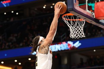 Jan 22, 2026; Washington, District of Columbia, USA; Denver Nuggets forward Aaron Gordon (32) dunks during the second half against the Washington Wizards at Capital One Arena. Mandatory Credit: Daniel Kucin Jr.-Imagn Images